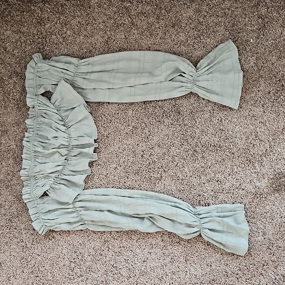 Off Shoulder Flounce Sleeve Ruffle Trim Ruched Bust Top